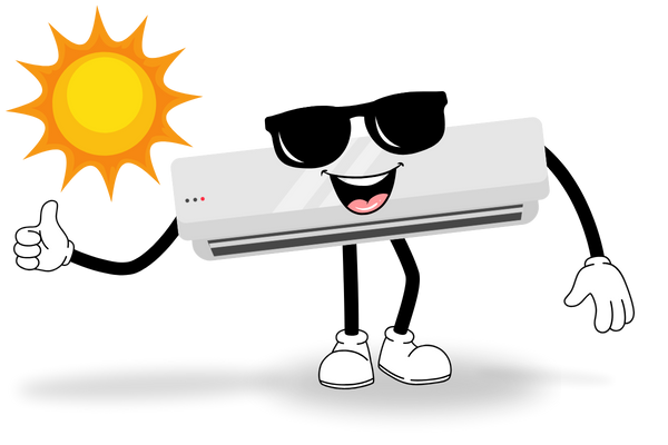 A Graphic of a cartoon buddy, with a mini split as a head, and some cool sunglasses giving you a thumbs up on the hot day, because he's gonna keep you cool.
